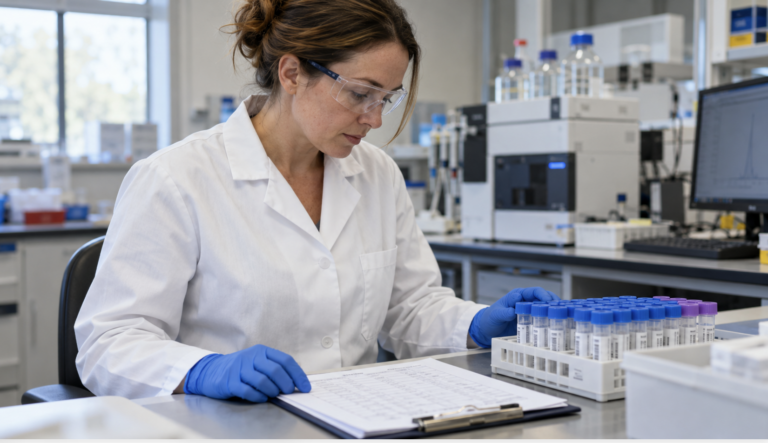 Home 31 Laboratory scientist checking sample labels against study records for Good Laboratory Practice