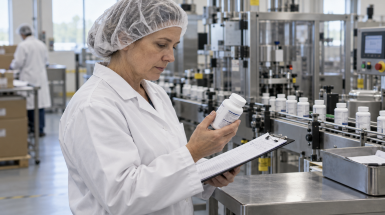 Home 32 Quality professional checking dietary supplement packaging against a batch record